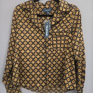 Modcloth Playful Past Vintage Inspired Black and Orange Geometric Blouse Size M